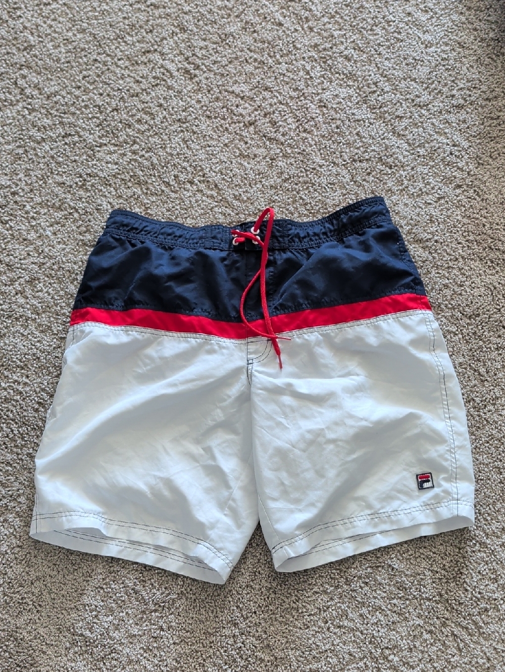Fila Navy, Red & White Colorblock Swim Trunks Size L